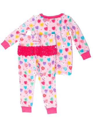 Bamboo Ruffle Long Sleeve Pajama Set - Be My Valentine (Candy Hearts) RuffleButts + RuggedButts Size: 2T