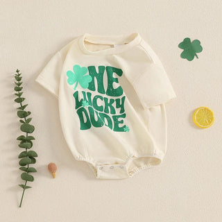 Baby Boys One Lucky Dude St. Patrick's Day Letters Shamrock Romper Infant Irish Clothes Short Sleeve Jumpsuit Baby & Toddler Outfits August + Willow Color: Beige Kid Size: 0-3M Ships From: United States