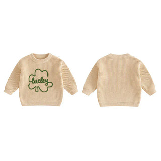 Baby Toddler Kids Boys Girls Lucky Knit Sweater Long Sleeve Round Neck Shamrock Letter Embroidery Pullover Spring St. Patrick's Day Top Baby & Toddler Outfits August + Willow Color: PURPLE Kid Size: 4-5 Years Ships From: United States