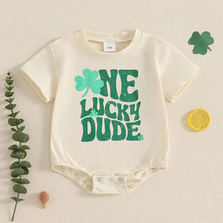 Baby Boys One Lucky Dude St. Patrick's Day Letters Shamrock Romper Infant Irish Clothes Short Sleeve Jumpsuit Baby & Toddler Outfits August + Willow Color: Beige Kid Size: 0-3M Ships From: United States