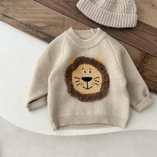 Knitted Round Neck Lion Sweater RYAN AND REMI Color: khaki Kid Size: 0-6 months