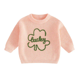 Baby Toddler Kids Boys Girls Lucky Knit Sweater Long Sleeve Round Neck Shamrock Letter Embroidery Pullover Spring St. Patrick's Day Top Baby & Toddler Outfits August + Willow Color: Pink Kid Size: 9-12 Months Ships From: United States