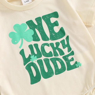 Baby Boys One Lucky Dude St. Patrick's Day Letters Shamrock Romper Infant Irish Clothes Short Sleeve Jumpsuit Baby & Toddler Outfits August + Willow Color: Beige Kid Size: 0-3M Ships From: United States