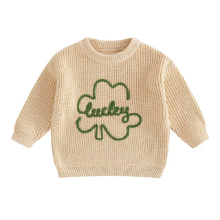 Baby Toddler Kids Boys Girls Lucky Knit Sweater Long Sleeve Round Neck Shamrock Letter Embroidery Pullover Spring St. Patrick's Day Top Baby & Toddler Outfits August + Willow Color: Khaki Kid Size: 12-18 Months Ships From: United States