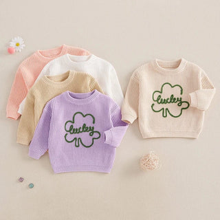 Baby Toddler Kids Boys Girls Lucky Knit Sweater Long Sleeve Round Neck Shamrock Letter Embroidery Pullover Spring St. Patrick's Day Top Baby & Toddler Outfits August + Willow Color: PURPLE Kid Size: 4-5 Years Ships From: United States