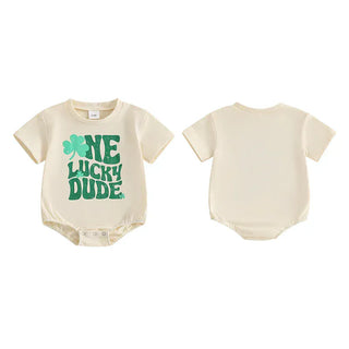 Baby Boys One Lucky Dude St. Patrick's Day Letters Shamrock Romper Infant Irish Clothes Short Sleeve Jumpsuit Baby & Toddler Outfits August + Willow Color: Beige Kid Size: 0-3M Ships From: United States