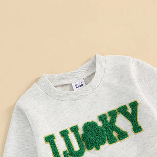 Baby Toddler Girl Boy 2Pcs Lucky St. Patrick's Day Spring Outfit Letter Shamrock Four Leaf Clover Embroidery Long Sleeve Crewneck Top with Elastic Waist Solid Pants Jogger Set Baby & Toddler Outfits August + Willow Color: green Kid Size: 18-24M Ships From