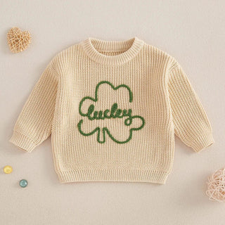 Baby Toddler Kids Boys Girls Lucky Knit Sweater Long Sleeve Round Neck Shamrock Letter Embroidery Pullover Spring St. Patrick's Day Top Baby & Toddler Outfits August + Willow Color: PURPLE Kid Size: 4-5 Years Ships From: United States
