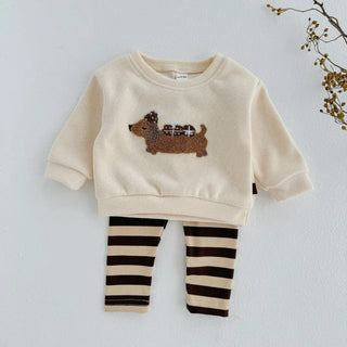 Fuzzy Puppy Dog Stripe Set RYAN AND REMI Color: Beige Kid Size: 6-9M