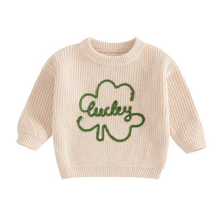Baby Toddler Kids Boys Girls Lucky Knit Sweater Long Sleeve Round Neck Shamrock Letter Embroidery Pullover Spring St. Patrick's Day Top Baby & Toddler Outfits August + Willow Color: Beige Kid Size: 18-24 Months Ships From: United States