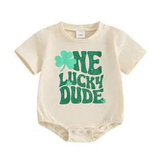 Baby Boys One Lucky Dude St. Patrick's Day Letters Shamrock Romper Infant Irish Clothes Short Sleeve Jumpsuit Baby & Toddler Outfits August + Willow Color: Beige Kid Size: 0-3M Ships From: United States
