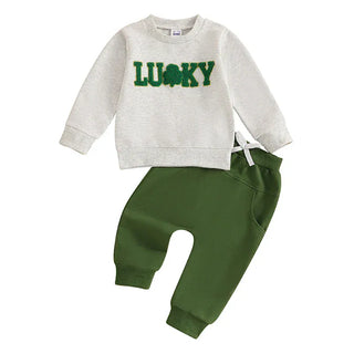 Baby Toddler Girl Boy 2Pcs Lucky St. Patrick's Day Spring Outfit Letter Shamrock Four Leaf Clover Embroidery Long Sleeve Crewneck Top with Elastic Waist Solid Pants Jogger Set Baby & Toddler Outfits August + Willow Color: green Kid Size: 18-24M Ships From