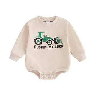 Baby Boys Pushin' My Luck Romper Letter Shamrock Tractor Print Long Sleeve Crew Neck Bubble Jumpsuit Baby & Toddler Outfits August + Willow Color: Beige Kid Size: 0-3M Ships From: United States