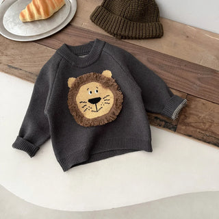 Knitted Round Neck Lion Sweater RYAN AND REMI Color: Gray Kid Size: 0-6 months