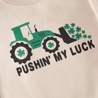Baby Boys Pushin' My Luck Romper Letter Shamrock Tractor Print Long Sleeve Crew Neck Bubble Jumpsuit Baby & Toddler Outfits August + Willow Color: Beige Kid Size: 0-3M Ships From: United States