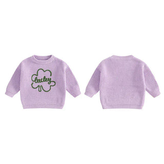 Baby Toddler Kids Boys Girls Lucky Knit Sweater Long Sleeve Round Neck Shamrock Letter Embroidery Pullover Spring St. Patrick's Day Top Baby & Toddler Outfits August + Willow Color: PURPLE Kid Size: 4-5 Years Ships From: United States