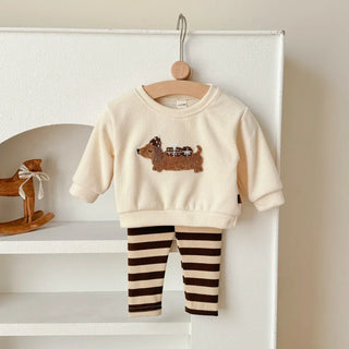 Fuzzy Puppy Dog Stripe Set RYAN AND REMI Color: Beige Kid Size: 6-9M