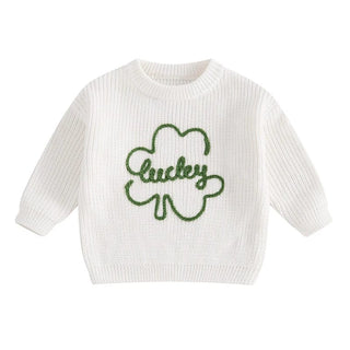 Baby Toddler Kids Boys Girls Lucky Knit Sweater Long Sleeve Round Neck Shamrock Letter Embroidery Pullover Spring St. Patrick's Day Top Baby & Toddler Outfits August + Willow Color: WHITE Kid Size: 2-3 Years Ships From: United States