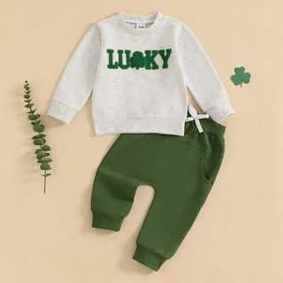 Baby Toddler Girl Boy 2Pcs Lucky St. Patrick's Day Spring Outfit Letter Shamrock Four Leaf Clover Embroidery Long Sleeve Crewneck Top with Elastic Waist Solid Pants Jogger Set Baby & Toddler Outfits August + Willow Color: green Kid Size: 18-24M Ships From