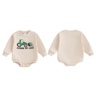 Baby Boys Pushin' My Luck Romper Letter Shamrock Tractor Print Long Sleeve Crew Neck Bubble Jumpsuit Baby & Toddler Outfits August + Willow Color: Beige Kid Size: 0-3M Ships From: United States
