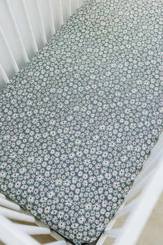Mebie Baby Bamboo Stretch Crib Sheet - Dark Green Daisy | Baby Riddle