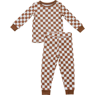 Ribbed Bamboo Long Sleeve Pajama Set - Rust Checkered Mebie Baby