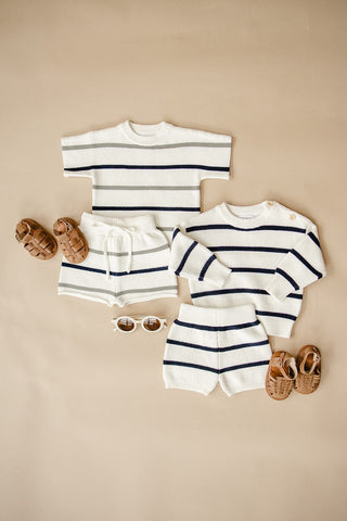Mebie Baby Sage + Navy Stripe Knit Short Set | Baby Riddle