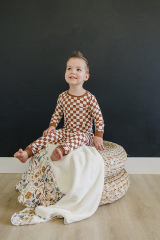 Ribbed Bamboo Long Sleeve Pajama Set - Rust Checkered Mebie Baby