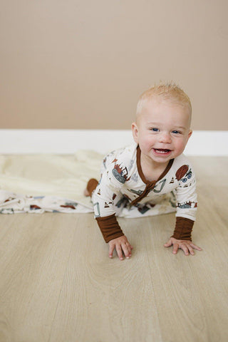Mebie Baby Ribbed Bamboo Convertible Footie Romper - Construction Trucks | Baby Riddle