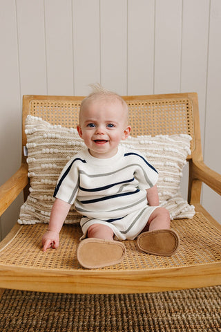 Mebie Baby Sage + Navy Stripe Knit Short Set | Baby Riddle