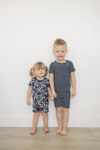 Navy Stripes Ribbed Bamboo Cozy Short Set Mebie Baby Size: 6-12