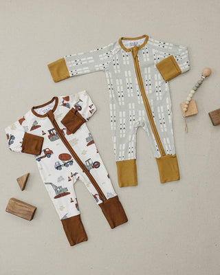Mebie Baby Ribbed Bamboo Convertible Footie Romper - Construction Trucks | Baby Riddle
