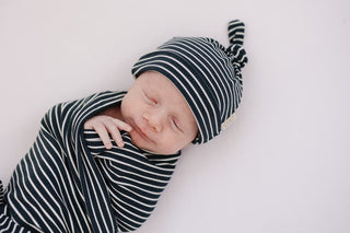 Navy Stripes Ribbed Bamboo Newborn Knot HatMebie Baby