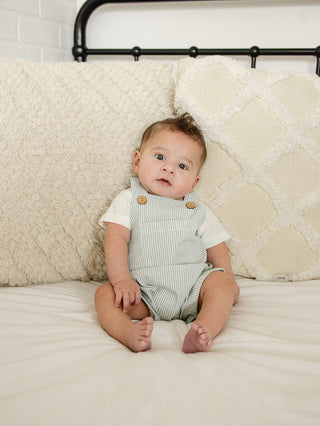 Mebie Baby Green Stripe Short Linen Overalls | Baby Riddle