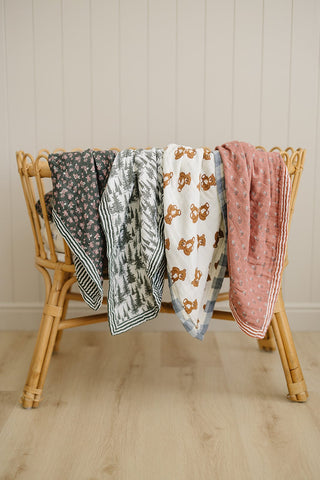 Dusty Blue Gingham + Teddy Bear Muslin QuiltMebie Baby