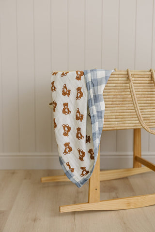 Dusty Blue Gingham + Teddy Bear Muslin QuiltMebie Baby