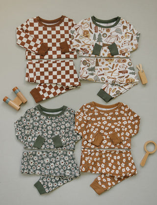 Ribbed Bamboo Long Sleeve Pajama Set - Dark Green Daisy Mebie Baby Size: 6-12