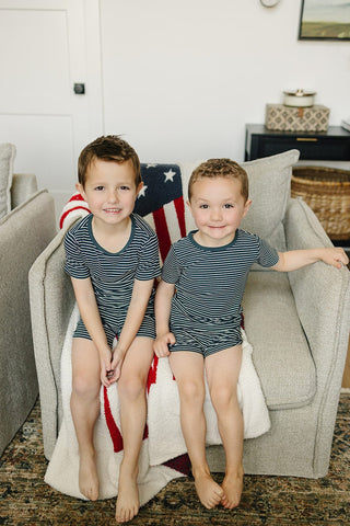 Navy Stripes Ribbed Bamboo Cozy Short Set Mebie Baby Size: 6-12