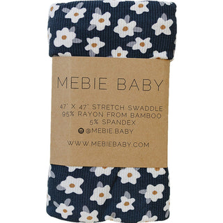 Navy Daisy Ribbed Bamboo Stretch Swaddle Mebie Baby