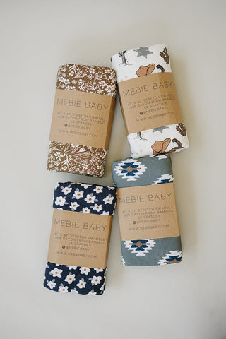 Navy Daisy Ribbed Bamboo Stretch Swaddle Mebie Baby