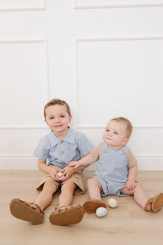 Blue Stripe Short Linen Overalls Mebie Baby Size: 0-3