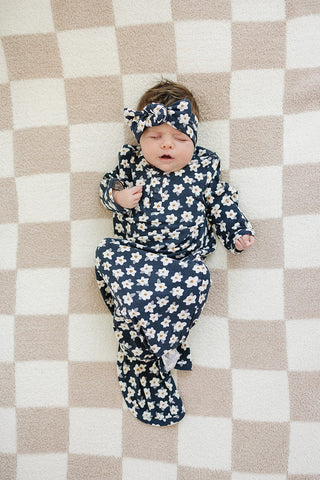 Navy Daisy Ribbed Bamboo Knot Gown Mebie Baby