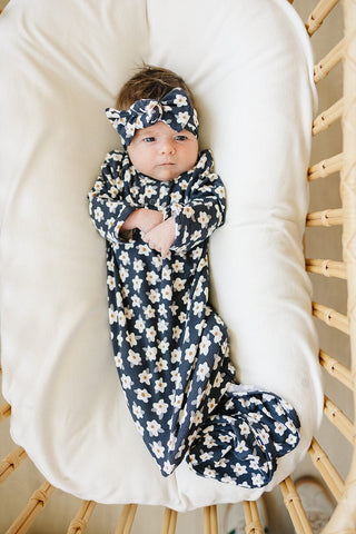 Navy Daisy Ribbed Bamboo Knot Gown Mebie Baby