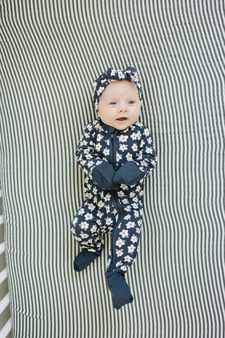 Navy Daisy Ribbed Bamboo Zipper Mebie Baby Size: NB