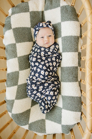 Navy Daisy Ribbed Bamboo Stretch Swaddle Mebie Baby