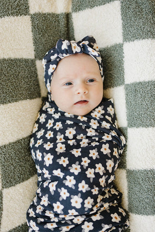 Navy Daisy Ribbed Bamboo Stretch Swaddle Mebie Baby