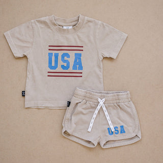 USA Short Sleeve Top and Shorts Set Olive + Scout Color: Brown Size: 3-6M