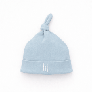Hi. Embroidered Surf Blue Knotted Baby Hat Huggalugs Size: 0-3 months