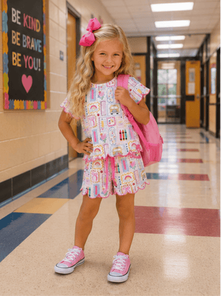 PREORDER Back to School Print Girl Short Set Scallop Hem