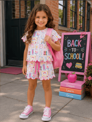 PREORDER Back to School Print Girl Short Set Scallop Hem